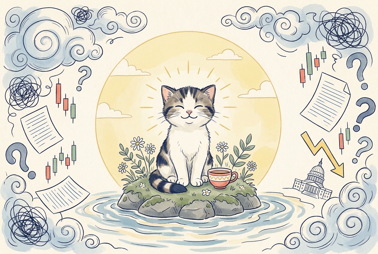 Illustration of German Cat sitting calmly on a small mossy island in front of a golden sun, surrounded by storm clouds, candlestick charts, question marks and flying papers